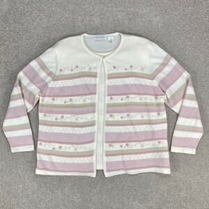 Alfred Dunner Cardigan Sweater Womens 3X Cream Pink Floral Metallic Embroidered
